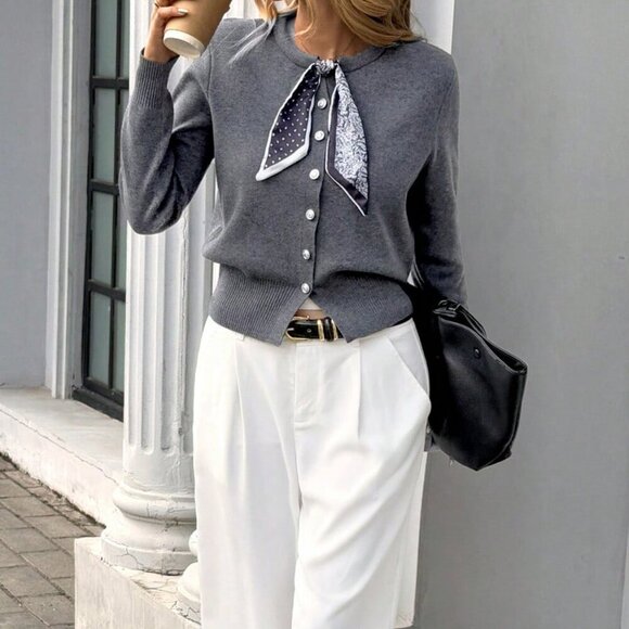 Grey Casual Women's Scarf detailed button down knit Sweater - Picture 7 of 8